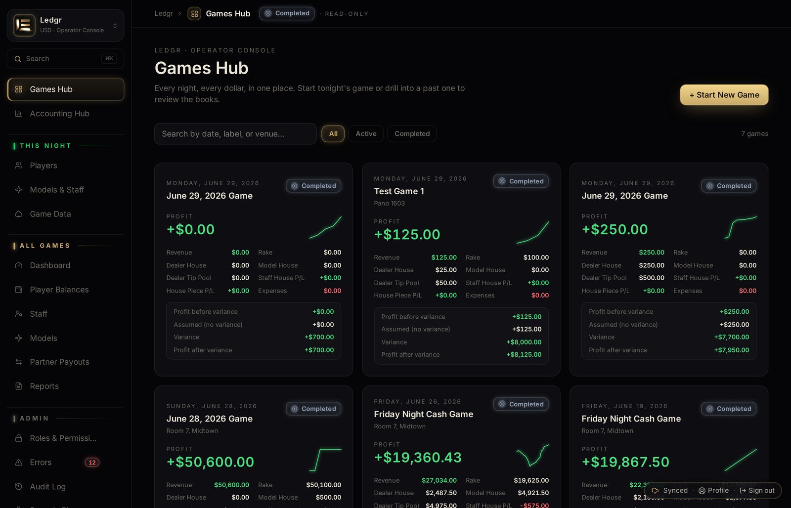 Ledgr live-game dashboard showing money-in, rake, and player buy-ins